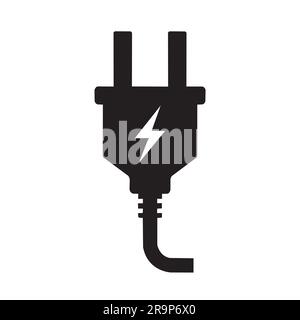 A black plug with two conectors and a lightning sign on a white background Stock Vector