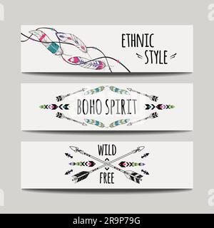 Vector set of abstract ethnic banners with arrows, feathers and geometric ornaments. Boho design brochure templates. Modern colorful tribal background Stock Vector