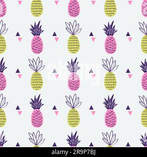Vector seamless pattern with pineapples and triangles. Cute summer fruit background. Stock Vector