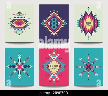 Vector set of geometric abstract colorful flyers. Ethnic design brochure templates. Modern tribal backgrounds in boho style. Stock Vector