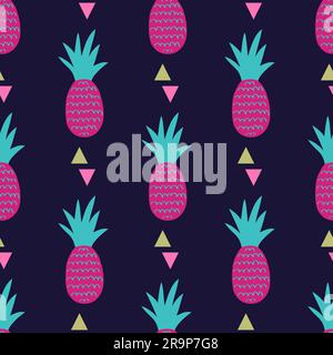 Vector seamless pattern with pineapples and triangles. Cute summer fruit background. Stock Vector