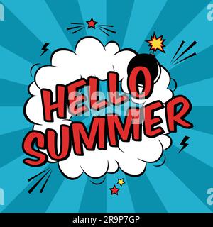 Vector colorful pop art illustration with Hello Summer phrase. Decorative template with cloud and bomb explosion in modern comics style. Stock Vector