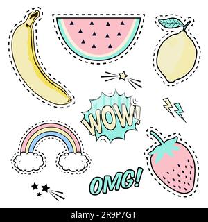 Vector set with cute fashion patch badges: banana, watermelon, lemon, strawberry, speech bubble, rainbow, stars. Trendy summer collection of stickers, Stock Vector