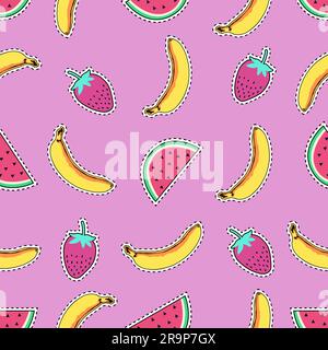 Vector seamless pattern with cute fruit patch badges: banana, watermelon and strawberry. Trendy summer collection of stickers, pins, patches in cartoo Stock Vector