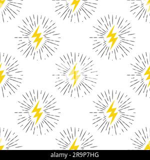 Vector seamless pattern with yellow lightning bolt signs with sunburst effect. Stock Vector