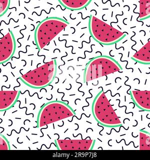 Vector seamless pattern with watermelon and geometric elements in memphis style. Summer tropical design Stock Vector