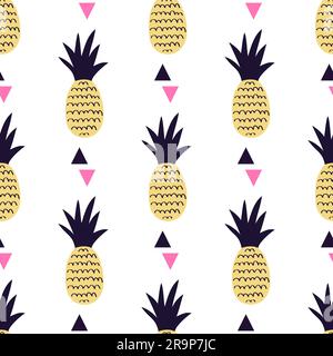 Vector seamless pattern with pineapples and triangles. Cute summer fruit background. Stock Vector