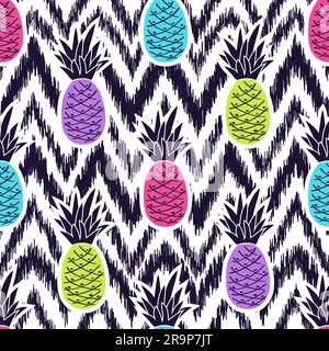 Vector seamless black and white ikat ethnic pattern with colorful pineapples Stock Vector