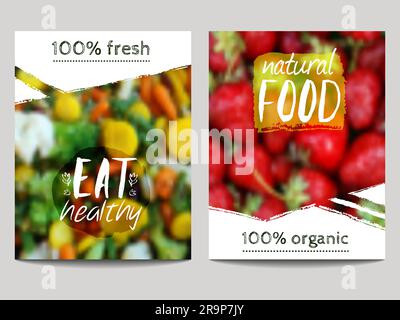Vector brochure design template with blur background with vegetables, fruits and eco labels. Healthy fresh food, vegetarian, eco concept. Can be used Stock Vector
