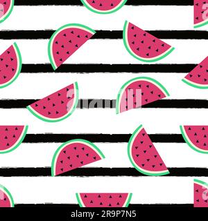 Vector seamless pattern with watermelon and black stripes. Cute summer fruit background. Stock Vector