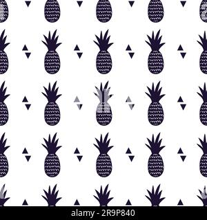 Vector monochrome seamless pattern with pineapples and triangles. Cute summer fruit background. Stock Vector