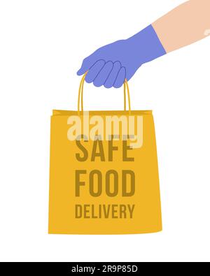 Vector illustration with couriers hand in blue protective glove holding delivery paper bag with food. Safe food delivery service concept design during Stock Vector