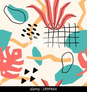 Vector seamless pattern with tropical jungle leaves, plants, various geometrical shapes. Abstract trendy background with patchwork Stock Vector