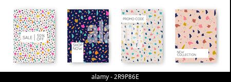 Vector set with modern abstract design templates with terrazzo texture. Creative stone surfaces for magazine covers, flyers, posters, cards, invitatio Stock Vector
