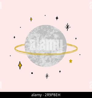 Vector illustration with Saturn with marble texture. Trendy Cosmic minimalistic landscape scene with stone textured planet and stars. Pastel grunge Stock Vector