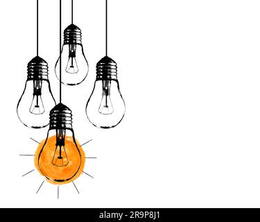 Vector grunge illustration with hanging light bulbs and place for text. Modern hipster sketch style. Unique idea and creative thinking concept. Stock Vector