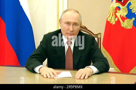 Moscow, Russia. 28th June, 2023. Russian President Vladimir Putin delivers a video address to the final session of the 10th Forum of Russian and Belarusian Regions from the Kremlin, June 28, 2023 in Moscow, Russia. Credit: Gavriil Grigorov/Kremlin Pool/Alamy Live News Stock Photo
