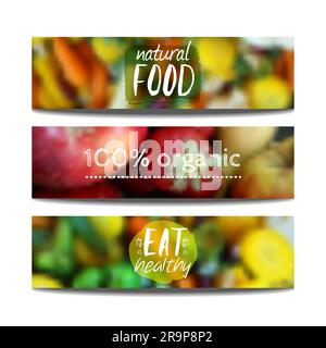 Vector banners design template with blur background with fruits and vegetables. Healthy fresh food, vegeterian and eco concept. Can be used for presen Stock Vector