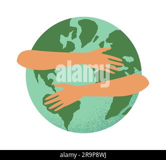 Vector illustration of hands hug planet Earth.  Concept of World Environment Day, Save the Earth, 22 April. Sign, icon and symbol Stock Vector