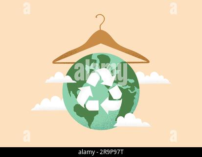 Vector illustration of Slow fashion concept with Earth planet globe, clothes hanger and Reuse, Reduce, Recycle symbol Stock Vector
