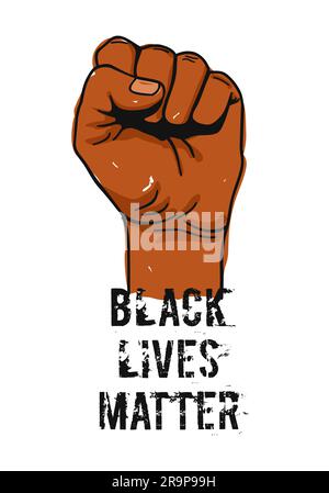 Vector illustration of Black Lives Matter text, clenched fist held high in protest. Hand raised up isolated. Human rights and equality concept. Sticke Stock Vector