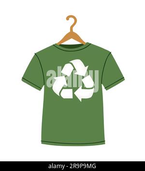 Vector illustration of green recycling t-shirt with clothes hanger, recycle symbol isolated on white background - sustainable fashion concept, environ Stock Vector