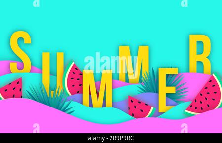 Vector abstract wavy summer paper cut background with watermelons and palm leaves. Realistic 3d paper decoration. Carving art. Stock Vector