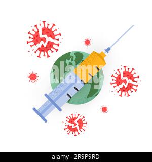 Vector illustration of syringe, Earth globe and destroyed Coronavirus spreading isolated on white background. Concept of vaccination, Immunization Cam Stock Vector