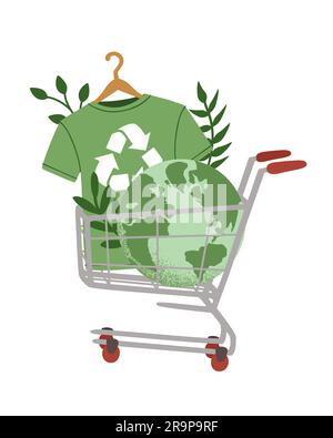 Vector illustration of green recycling t-shirt, Reuse, Reduce, Recycle symbol, Earth planet globe in shopping cart. Slow sustainable fashion, eco conc Stock Vector