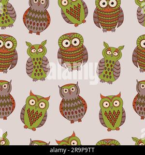Vector colorful seamless pattern with cute different owls. Can be used for scrapbooking, textile design, packaging, greeting cards, background design. Stock Vector