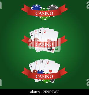 Vector casino elements: ribbon, playing cards, dices and chips on green background Stock Vector