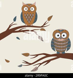 Vector illustration of two cute colorful owls sitting on a branch Stock Vector