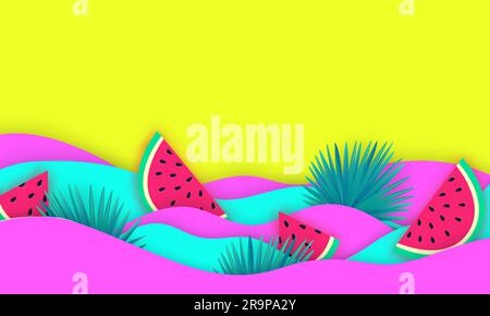 Vector abstract wavy summer paper cut background with watermelons and palm leaves. Realistic 3d paper decoration. Carving art. Stock Vector
