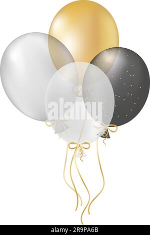 Bouquet with transparent realistic 3d balloons of gold, black color on a festive background.Stylish poster, cover, banner, website, mobile application Stock Vector