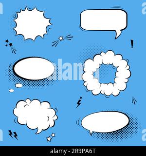 Vector set with comic speech bubbles, stars and halftone shadows Stock Vector