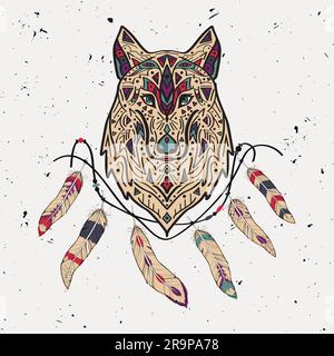 Vector colorful illustration of tribal style wolf with ethnic ornaments, feathers, threads. American indian motifs. Boho design. Stock Vector