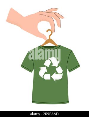 Vector illustration of green recycling t-shirt with hand holding clothes hanger, recycle symbol isolated on white background - sustainable fashion con Stock Vector