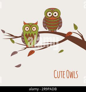 Vector illustration of two cute colorful owls sitting on a branch Stock Vector