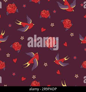Vector seamless pattern with swallows, roses, hearts and stars Stock Vector
