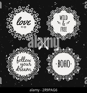 Vector set with ornamental tribal floral frames. Ethnic collection with decorative round elements in boho style. Stock Vector