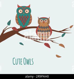 Vector illustration of two cute colorful owls sitting on a branch Stock Vector