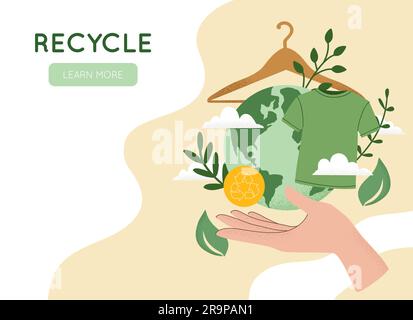 Vector illustration of hand holding green recycling t-shirt, Reuse, Reduce, Recycle symbol, Earth planet globe. Slow sustainable fashion, eco concept, Stock Vector
