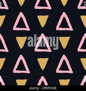Vector abstract grunge seamless pattern with pink and golden triangles. Modern scandinavian background, fashion print. Stock Vector