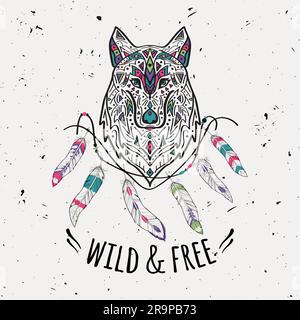 Vector colorful illustration of tribal style wolf with ethnic ornaments, feathers, threads. American indian motifs. Boho design. Wild and Free concept Stock Vector
