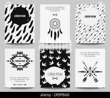 Vector set of modern posters with tribal elements: ethnic ornaments, arrows, dream catcher, feathers. Trendy boho style for banners, invitations, busi Stock Vector