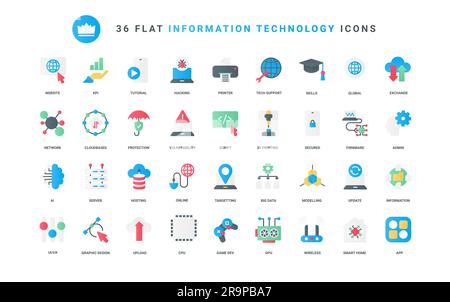 Data technology, information trendy flat icons set vector illustration. Digital protection and online network, 3d printing and modeling, smart home and interface symbols for mobile apps Stock Vector
