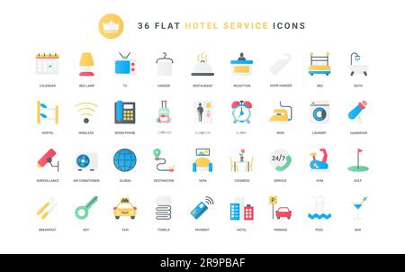 Breakfast food in restaurant and taxi transfer to airport, parking and facilities, bedroom furniture and room key. Hotel hospitality, reception trendy flat icons set vector illustration Stock Vector