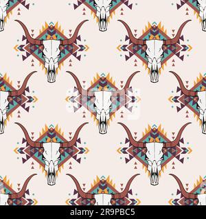 Vector tribal seamless pattern with bull skull and decorative ethnic ornament. Boho style. American indian motifs. Stock Vector