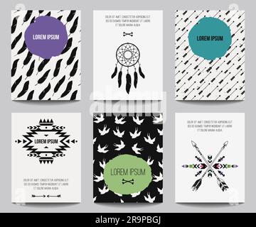 Vector set of modern posters with tribal elements: ethnic ornaments, arrows, dream catcher, feathers. Trendy boho style for banners, invitations, busi Stock Vector