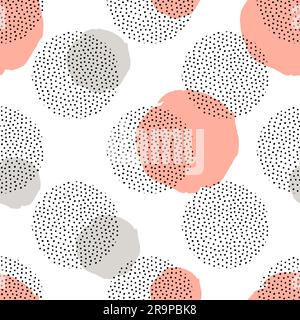 Vector seamless pattern with round dotted elements and golden circles. Trendy memphis background. Stock Vector